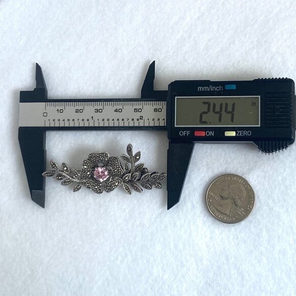 VTG Sterling Silver 925 Marcasite & Round Pink CZ Flower Leaf Foliage Brooch - Picture 15 of 16